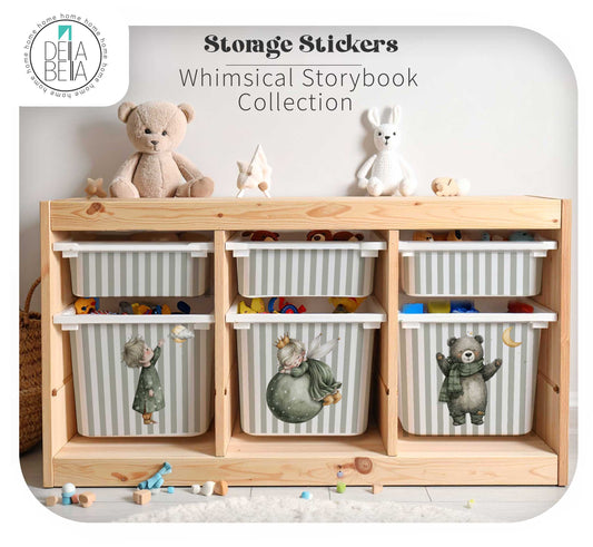 custom name ikea trofast sticker Olive green striped toy storage decals featuring a vintage storybook fairy, child, and bear, compatible with wooden IKEA Trofast units.