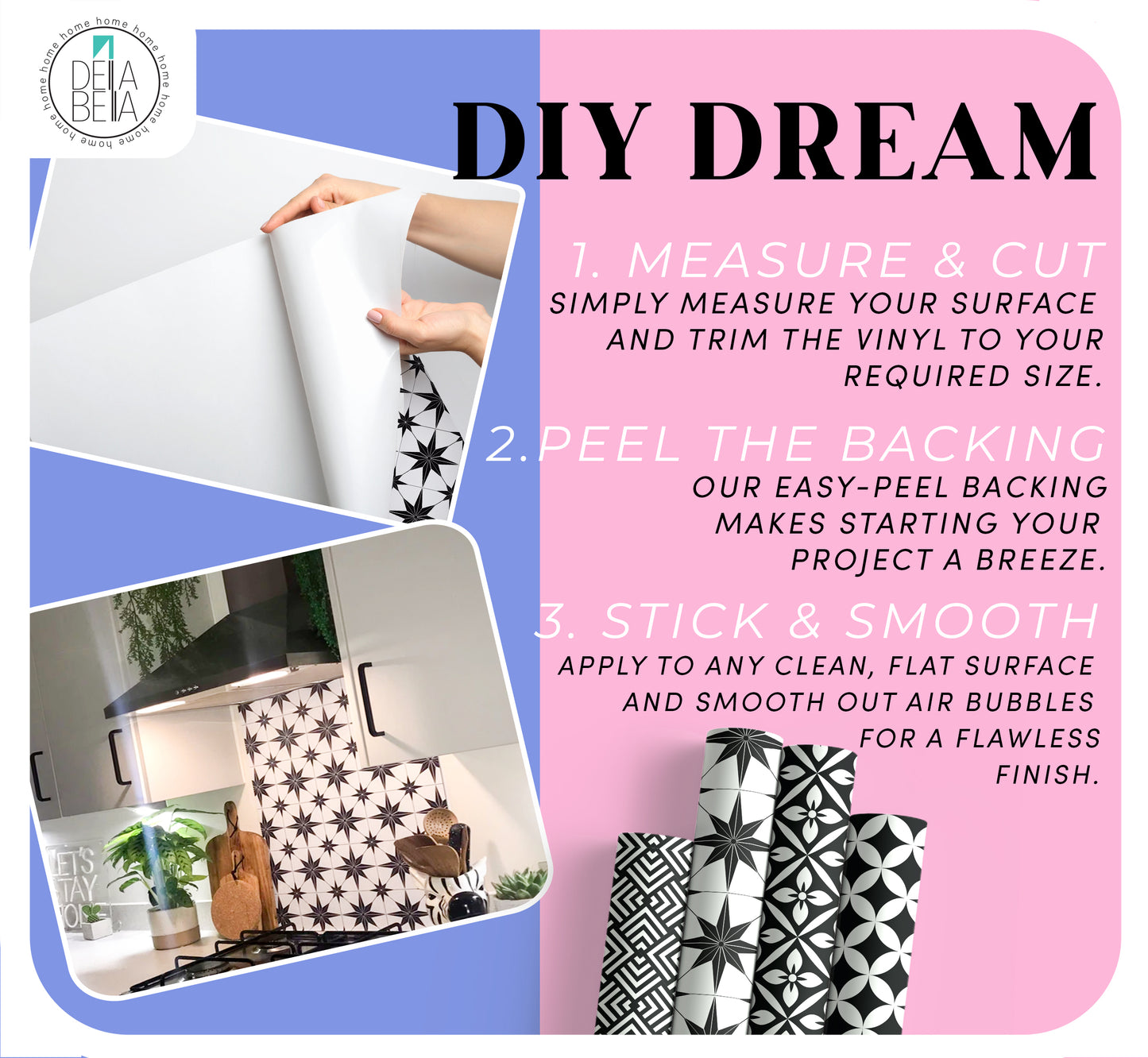 Instructions for using vinyl with images of application and a decorative wall.