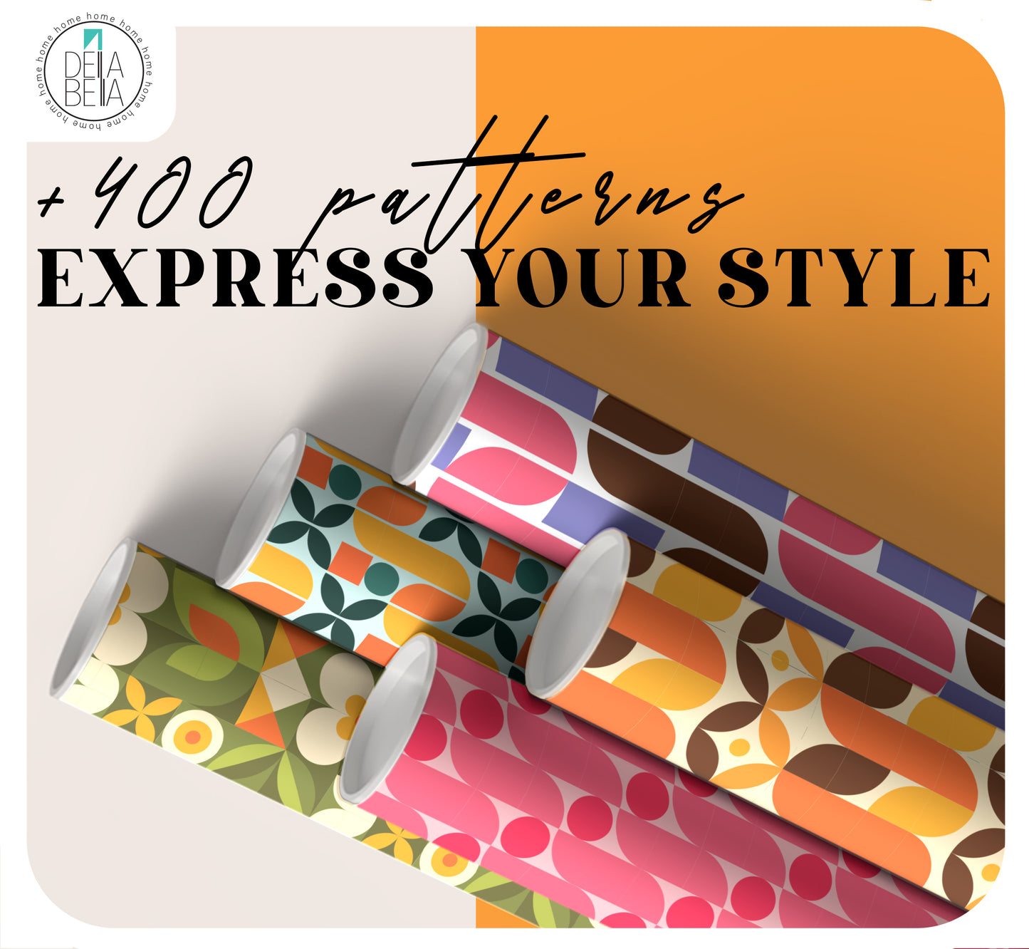 Colorful patterned paper rolls with text 'Express Your Style' and 'Bella Bella' branding.