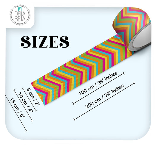 Colorful striped wall border with measurements on a white background