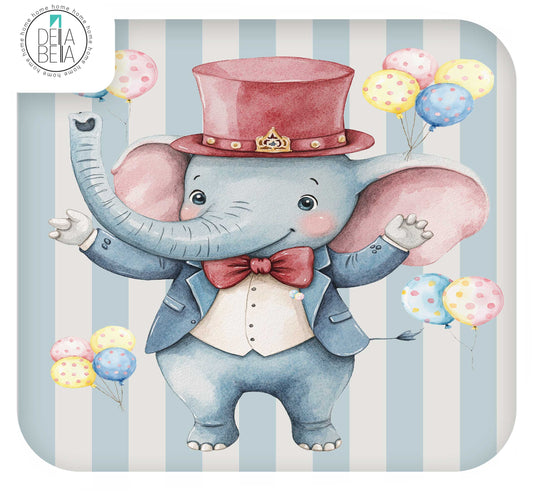 Ikea Trofast featuring a watercolor-style cartoon elephant dressed in a pink top hat, blue suit, cream vest, and pink bow tie, standing on a light blue and white striped background with pink, yellow, and blue balloons. A circular 'DELA BEA' logo appears in the top-left corner.