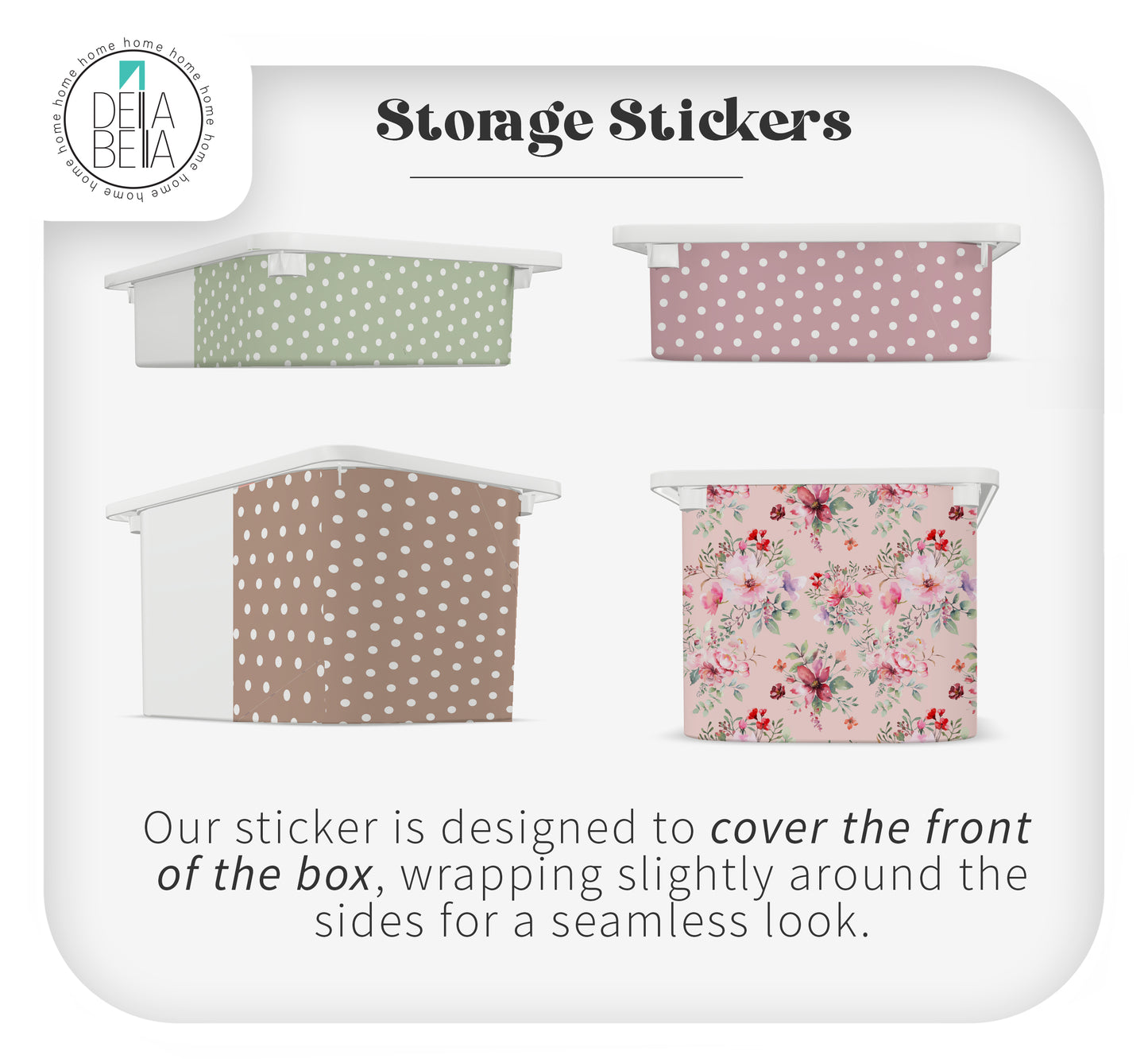 Packaging of storage stickers with four different designs on a white background