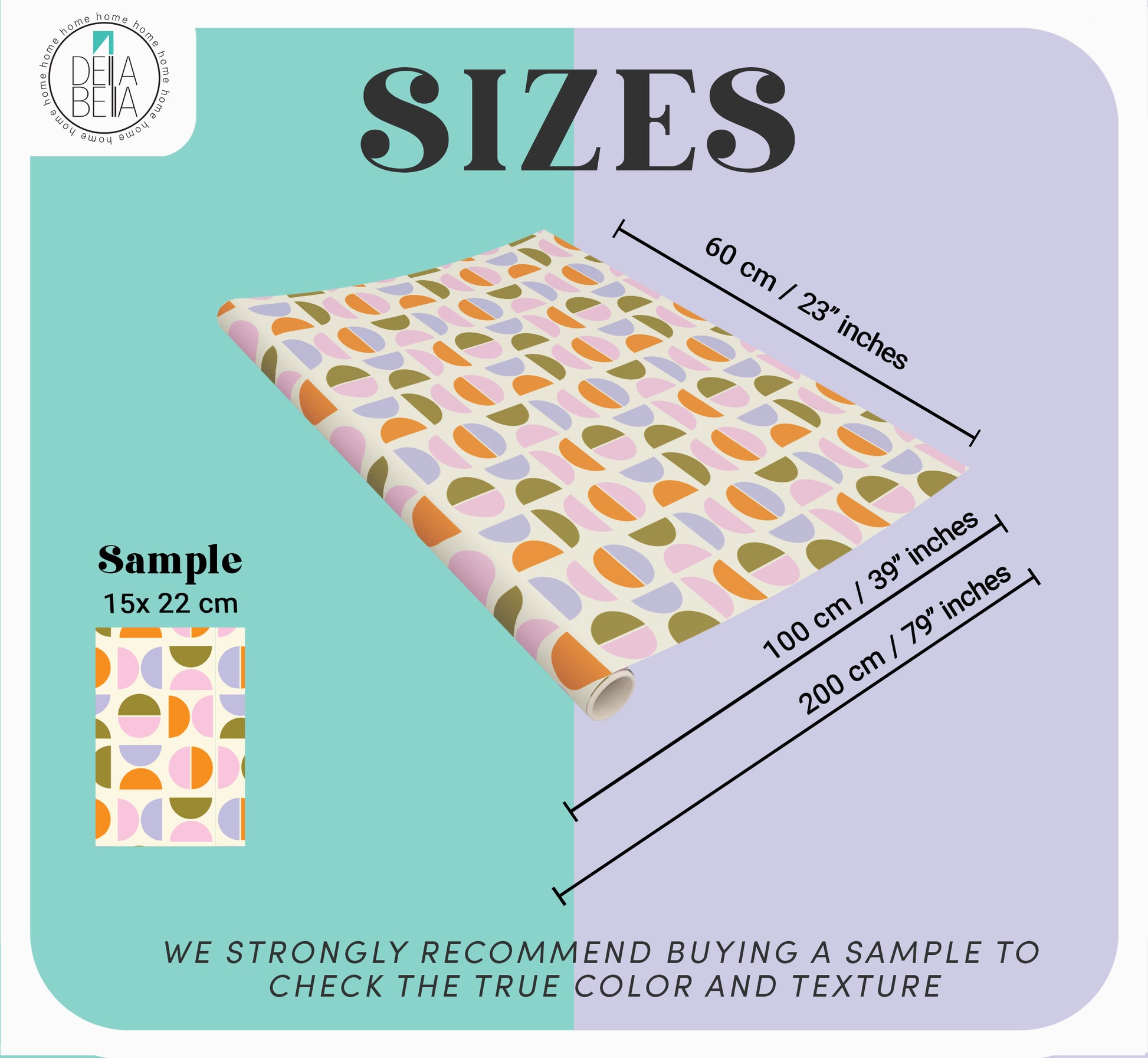 Fabric with colorful geometric pattern and size measurements on a light blue background