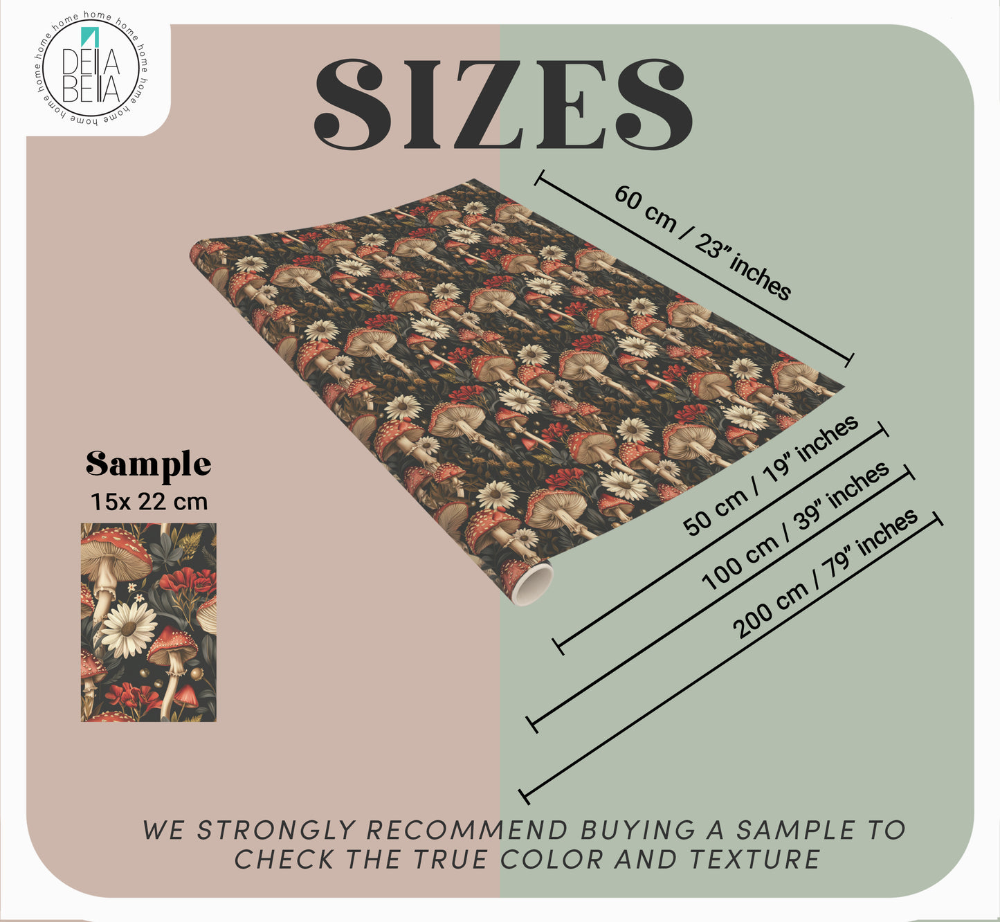 furniture sticker sample with size chart and叮嘱 to buy a sample for color and texture check.