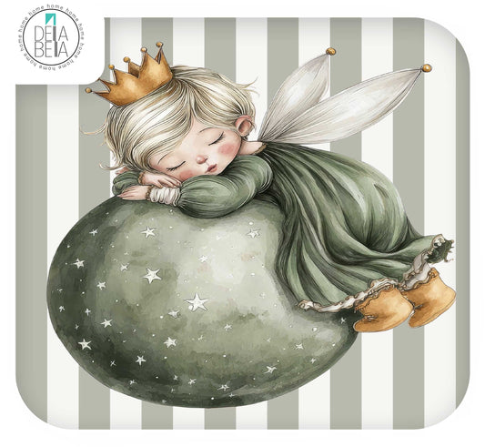 Trofast units decals featuring an illustrated sleeping fairy resting on a star-speckled green sphere. The fairy has blonde hair, a gold crown, translucent wings, and a green dress, set against a gray-and-white striped background.