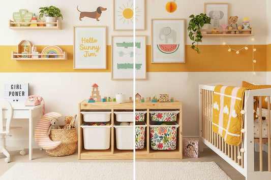 Before and after IKEA Trofast hack showing plain white bins transformed with colorful floral vinyl stickers from Della Bella UK.