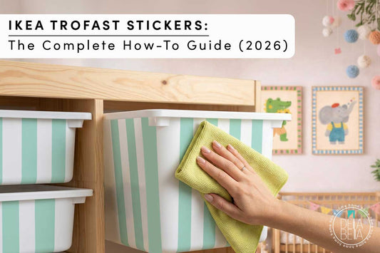 Before and after IKEA Trofast stickers transformation using Della Bella floral vinyl wrap for nursery storage bins
