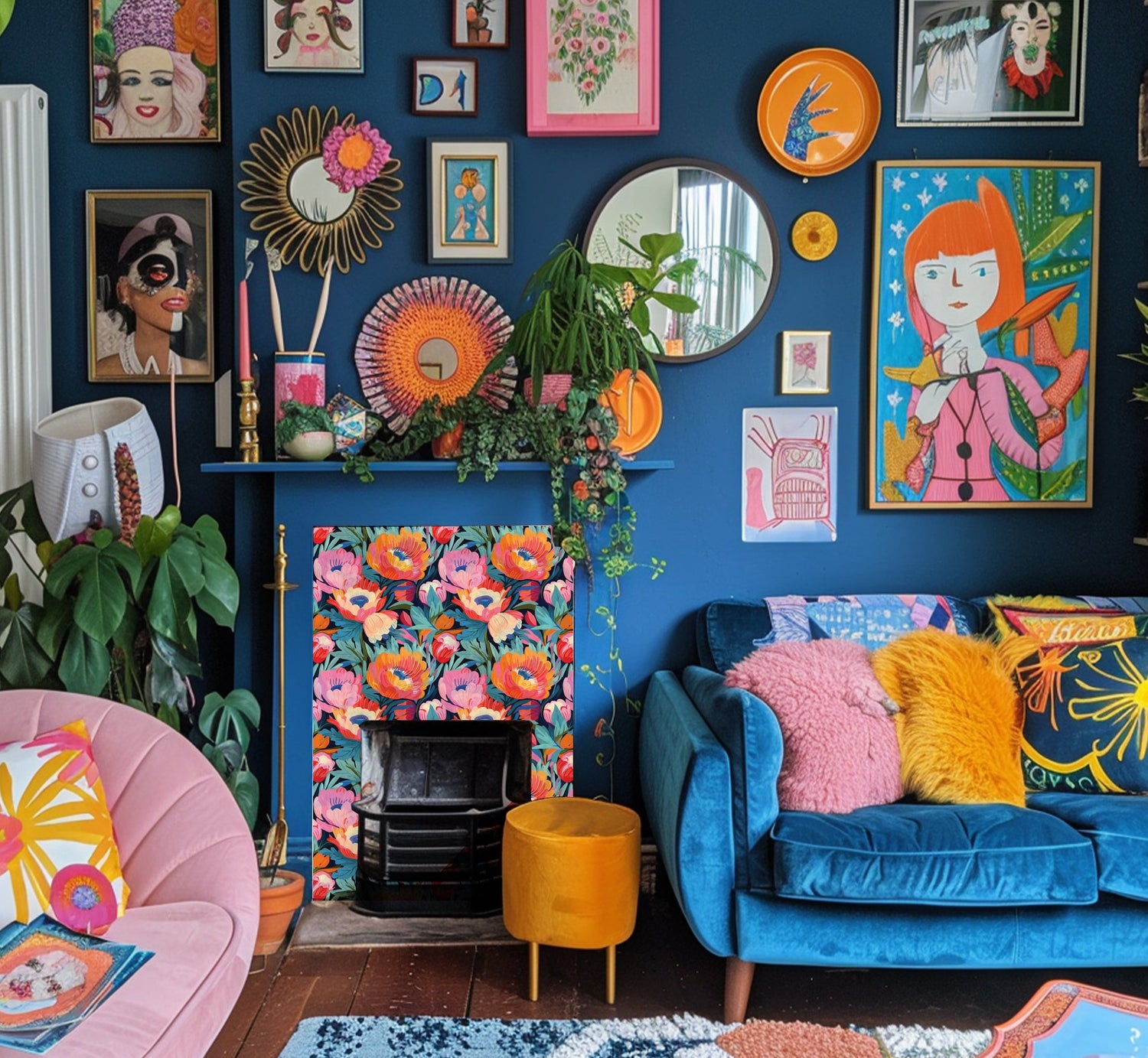 vinyl wrap for furniture maximalist decor used on a fire place living room