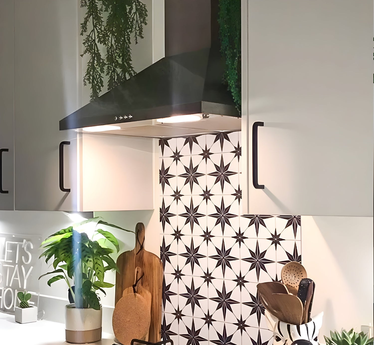 geometric vinyl wrap used to cover back splash