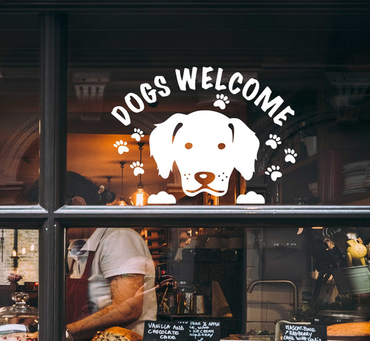 dogs welcome stickers shop window 