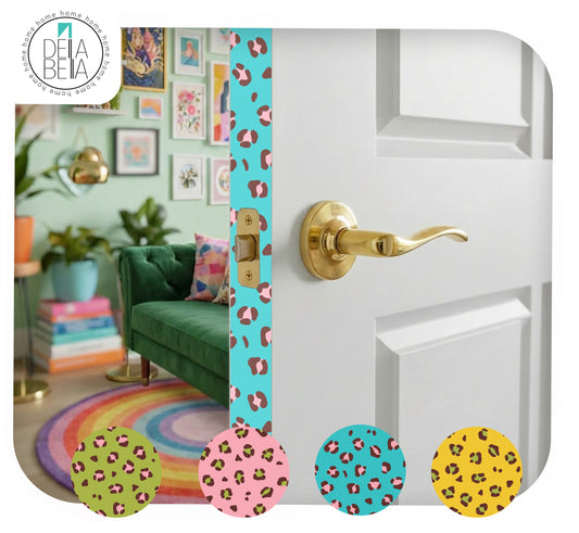 White interior door decorated with a teal blue and pink leopard print sticky back plastic door edge sticker.