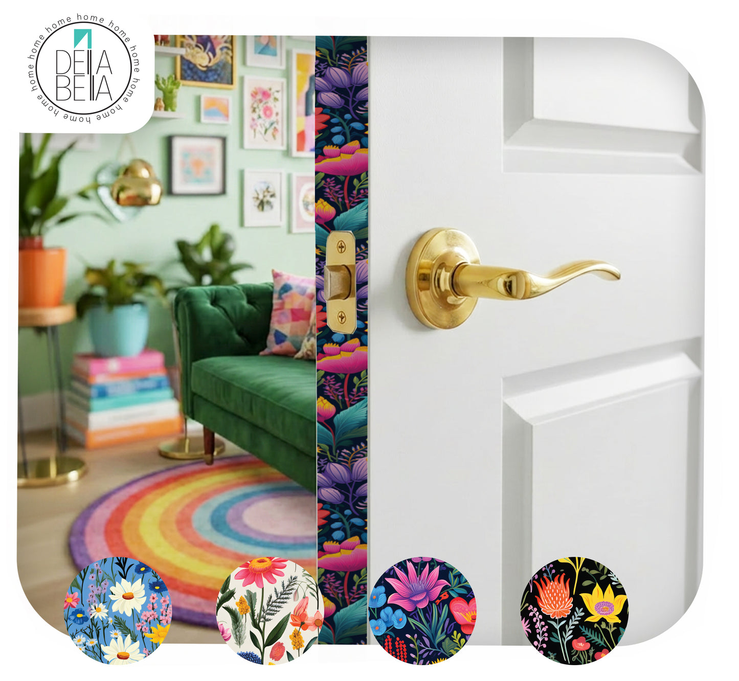 A white interior door left slightly open, revealing a vibrant dark floral vinyl sticker applied to the inner door edge. The background shows a colourful maximalist living room with a green velvet sofa, rainbow circular rug, and a gallery wall.
