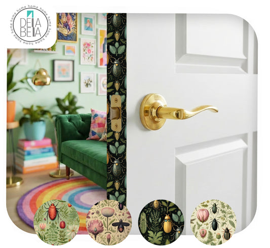 A door edge glow up sticker,  a decorative vertical strip of matching insect-patterned wallpaper visible at the door edge. The scene is styled like a real room with framed wall art, a green sofa, plants, and colorful decor.