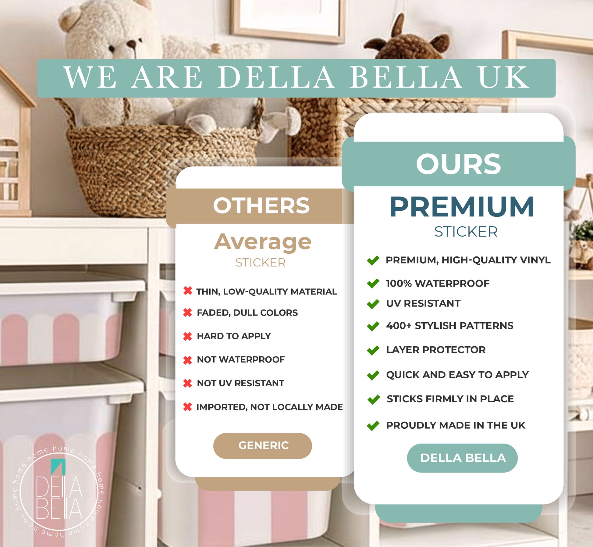 Comparison chart between 'Others' and 'Della Bella' stickers in a home setting with storage trofast boxes stickers .
