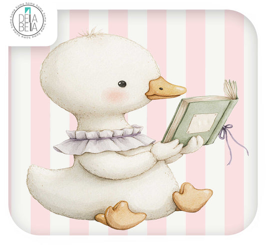 Ikea hack stickers featuring an illustration of a white duck sitting and holding a green book against a pink and white striped background. A circular Della Bella logo appears in the top-left corner.