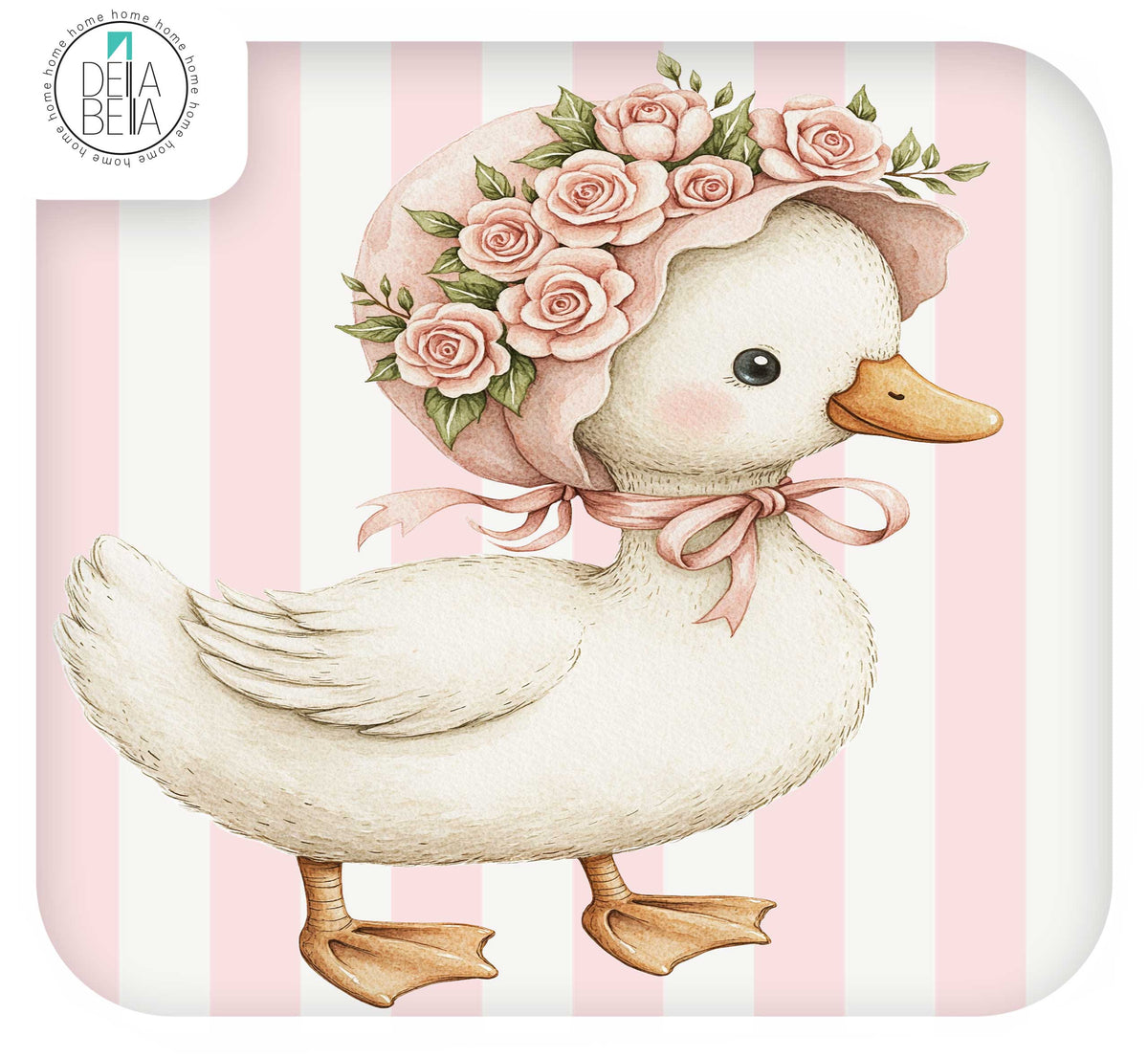 Ikea hack stickers  featuring a vintage-style illustration of a white duck wearing a pink rose bonnet with a pink ribbon bow, set against a pink and white striped background. A white brand label in the top-left corner readsDella Bella.