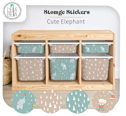 ikea trofast storage unit with patterned bins labeled 'Cute Elephant' by Delia Bella, with branding visible.
