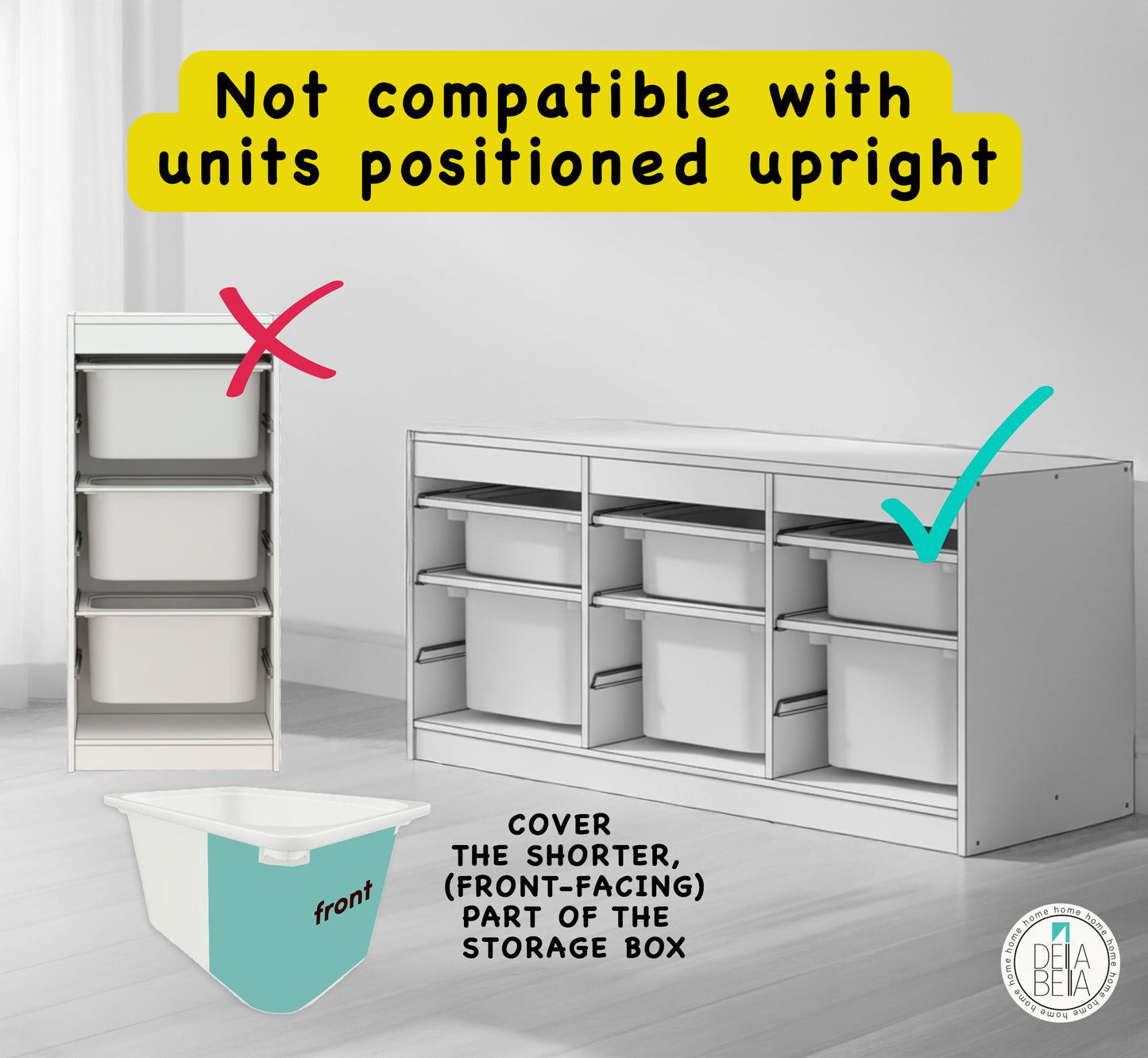 Storage unit and box with compatibility instructions on a white background