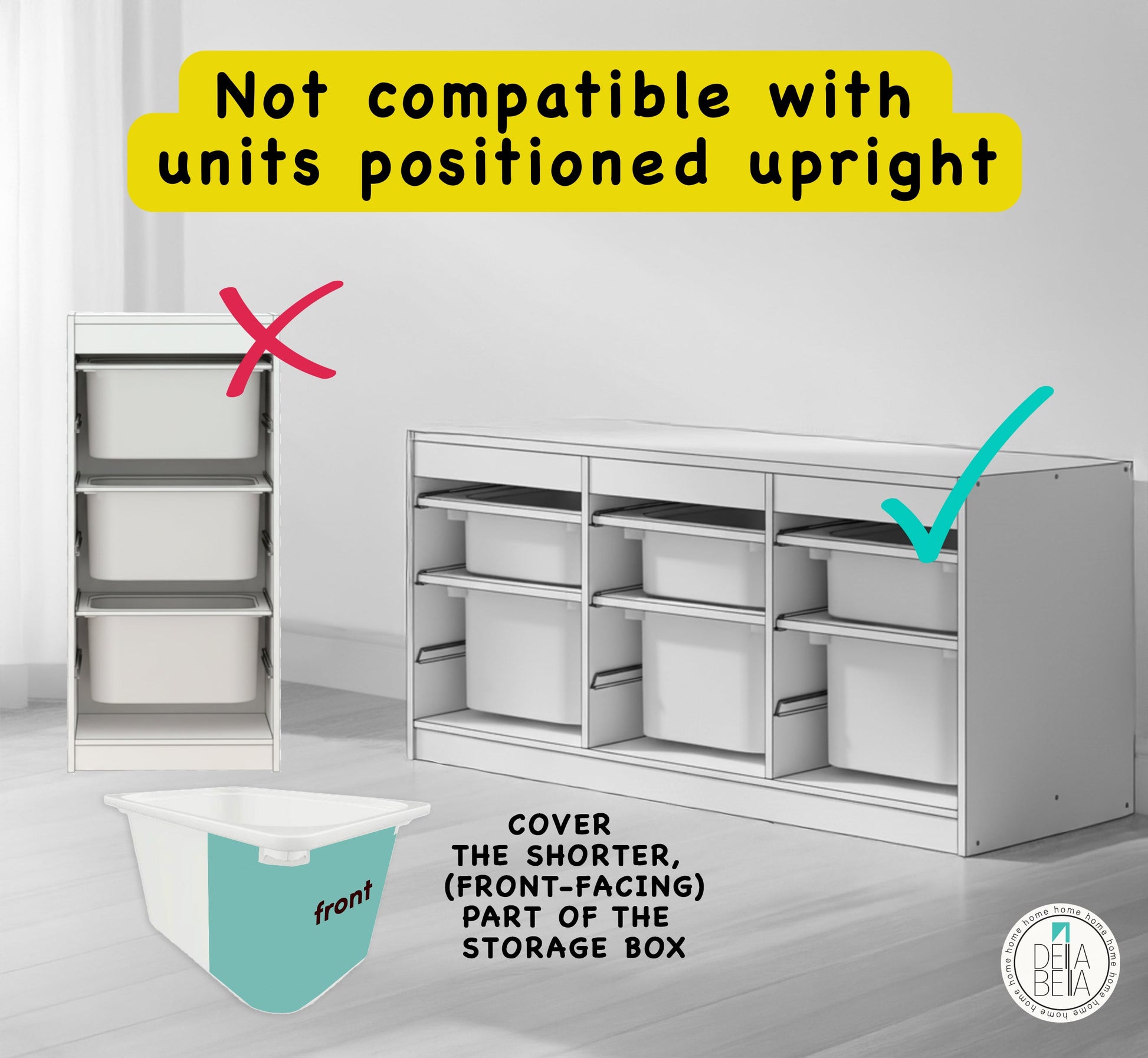 Storage unit and box with compatibility instructions on a white background