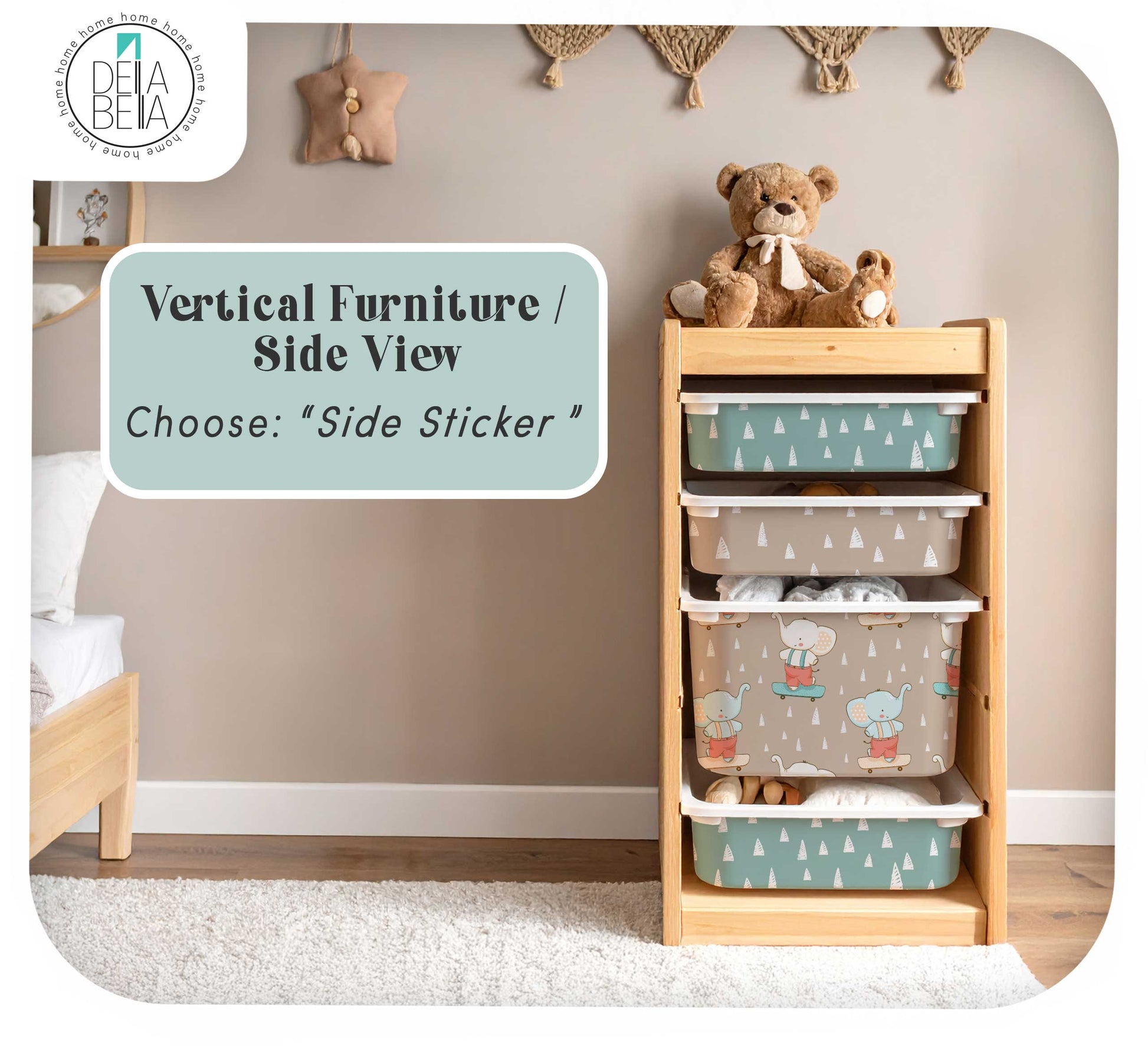 ikea hack storage unit with patterned bins and a teddy bear against a neutral wall.