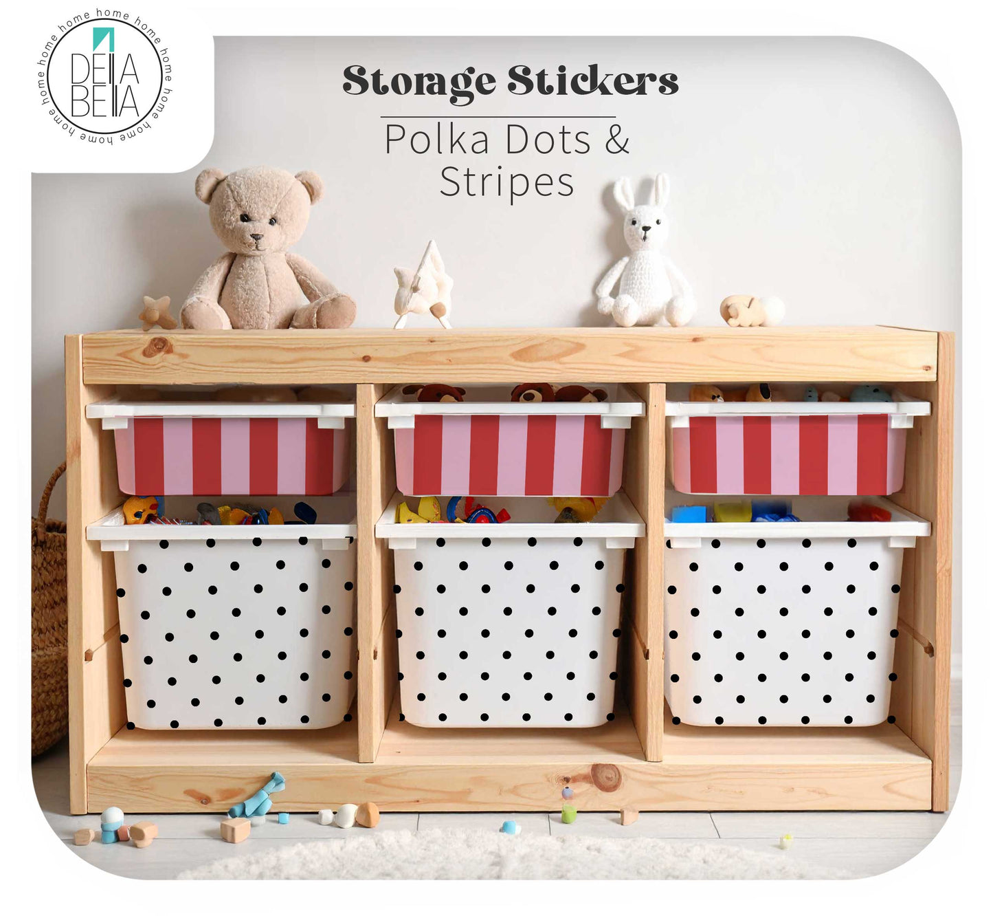 A  Ikea trofast children's storage unit with three open shelves and three stickers bins. The bins feature two designs: one with red and white stripes and one with black polka dots on a white background.