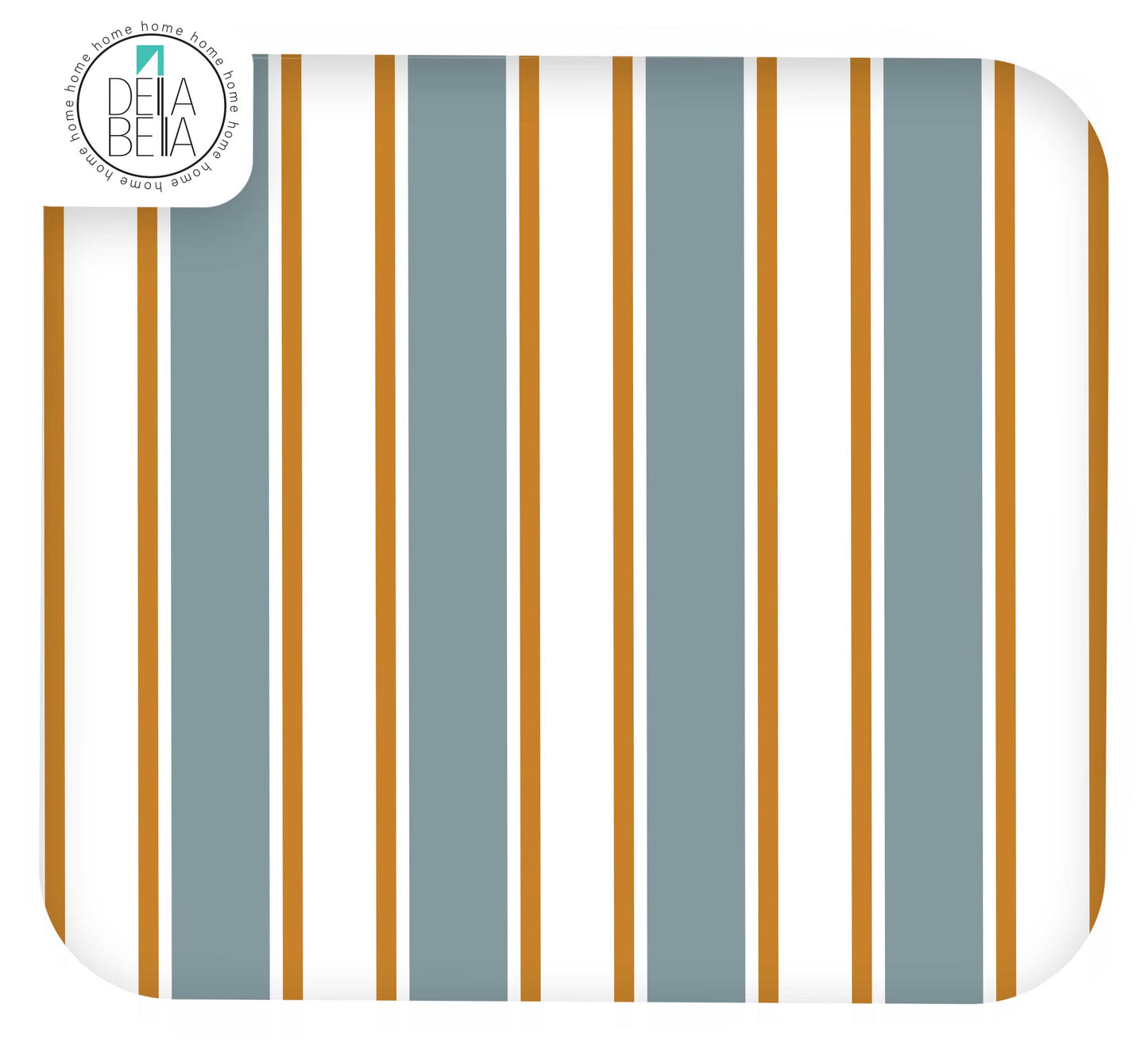 A square product shot of a fabric or wallpaper sample with a vertical stripe pattern. The design features alternating wide white stripes, medium slate blue-gray stripes, and thin mustard-gold stripes.