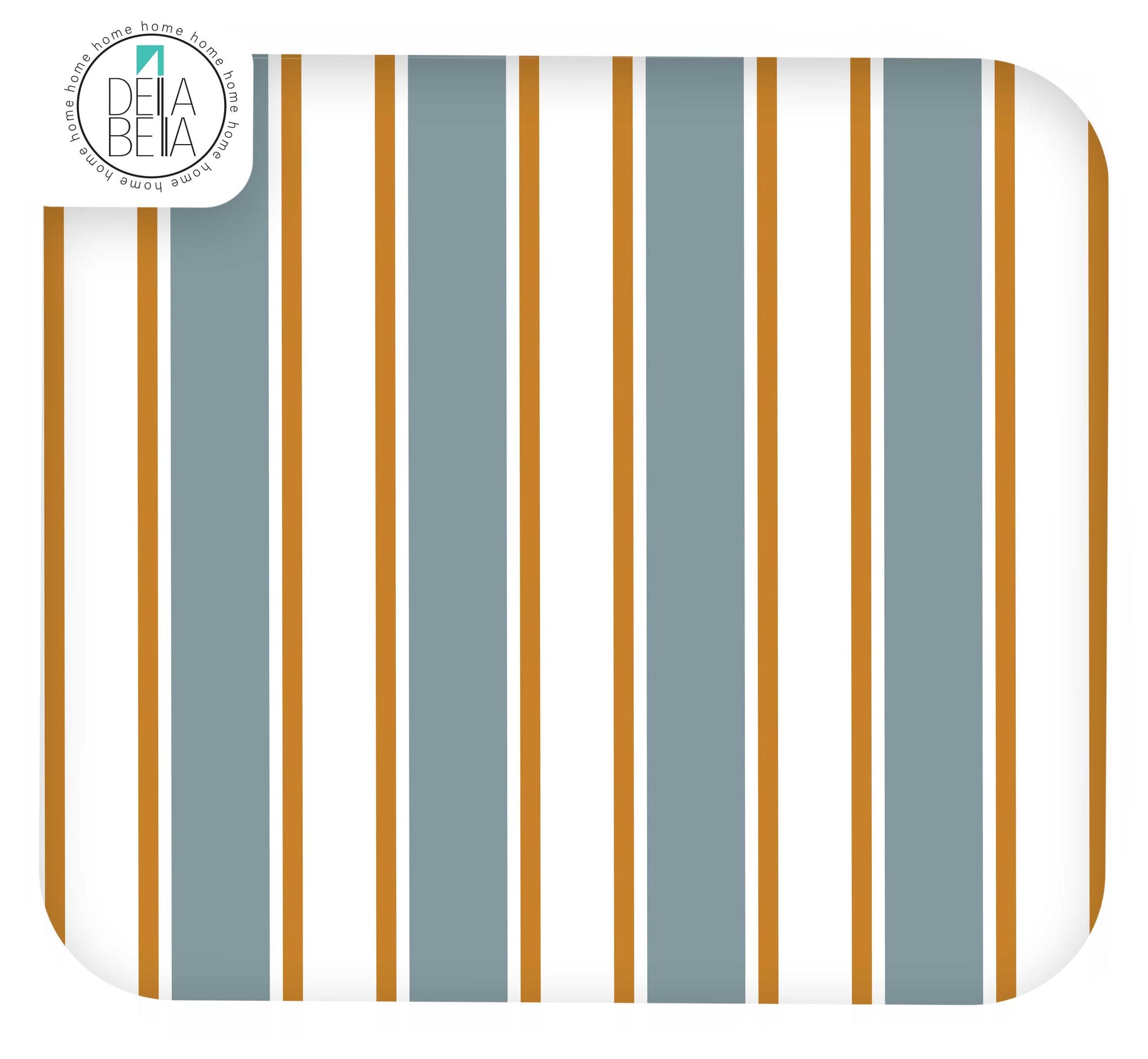 A square product shot of a fabric or wallpaper sample with a vertical stripe pattern. The design features alternating wide white stripes, medium slate blue-gray stripes, and thin mustard-gold stripes.