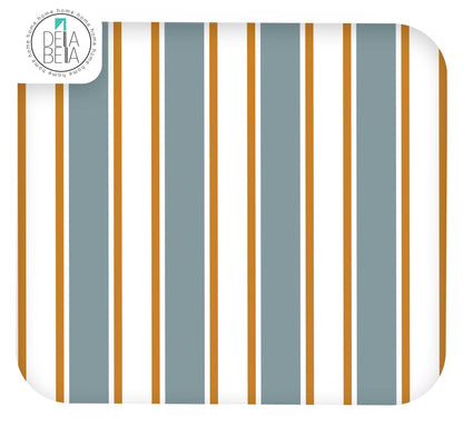 A square product shot of a fabric or wallpaper sample with a vertical stripe pattern. The design features alternating wide white stripes, medium slate blue-gray stripes, and thin mustard-gold stripes.