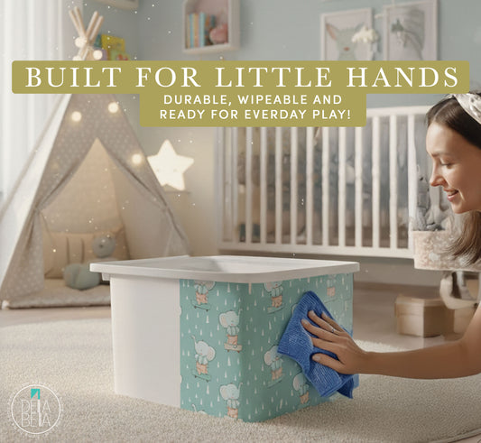 Child playing with a toy box in a nursery, with text about durability and ease of cleaning.