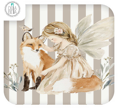 Ikea Hacks Stickers of a fairy with wings and a fox, set against a beige and white striped background. The brand name 'DELLA BELLA' appears in a circular logo in the top-left corner.