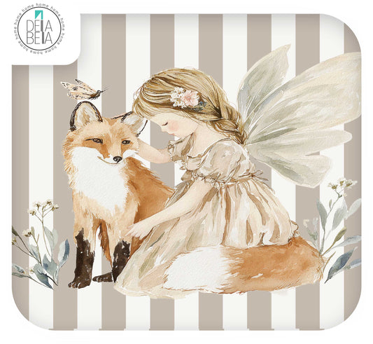 Ikea Hacks Stickers of a fairy with wings and a fox, set against a beige and white striped background. The brand name 'DELLA BELLA' appears in a circular logo in the top-left corner.