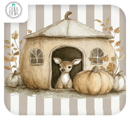 Ikea Hacks Stickers  featuring a watercolor-style illustration of a small deer sitting in the doorway of a pumpkin-shaped house, with pumpkins and autumn leaves around it. The scene is set against a beige and white striped background, and a circular Della Bella  logo appears in the top-left corner.