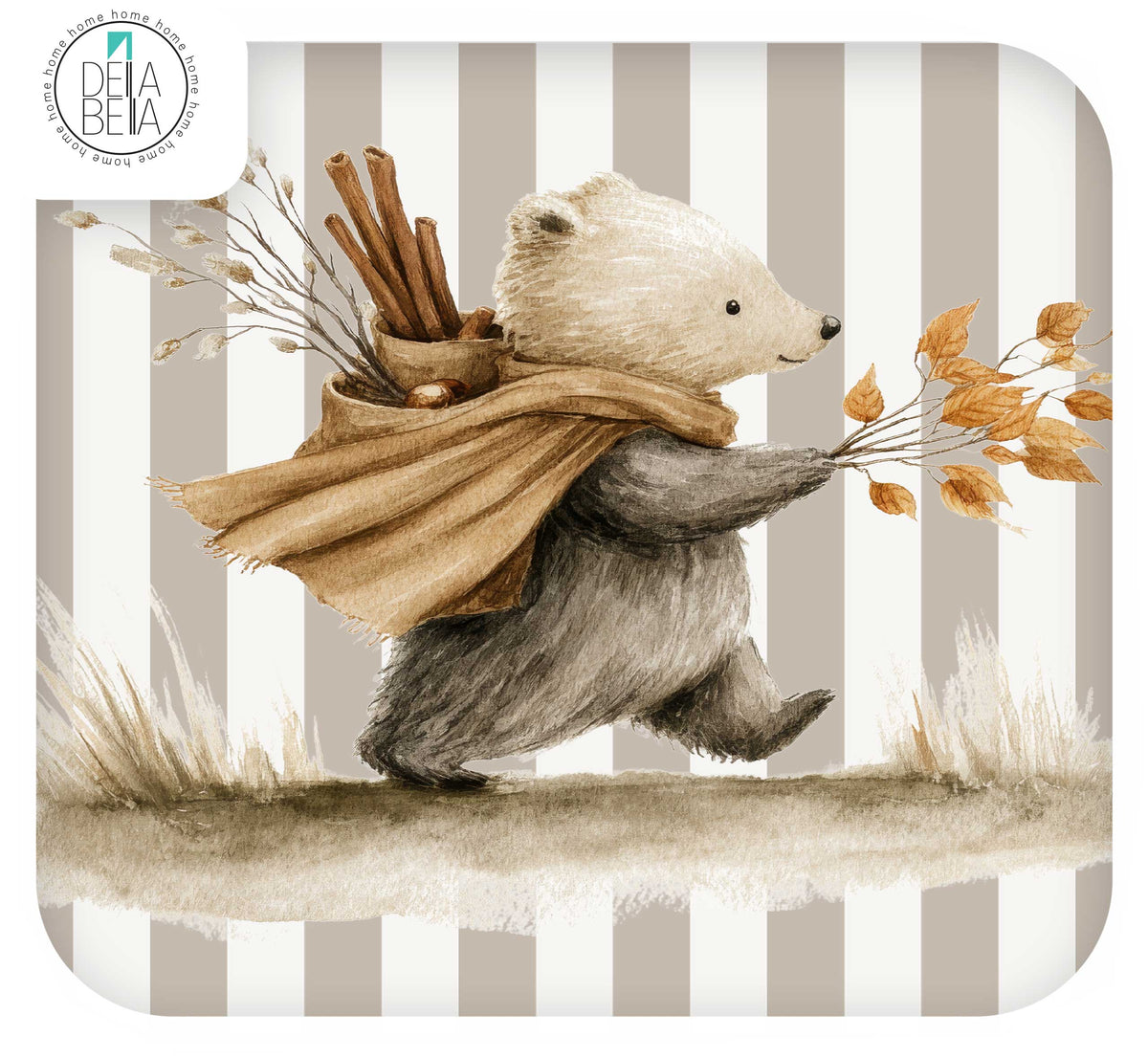 Ikea Hacks Stickers of a bear carrying a bundle of sticks and leaves under a tan scarf, set against a beige and white striped background. The artwork appears to be the product itself rather than a photo of a physical item in a real environment, so this fits Scenery.