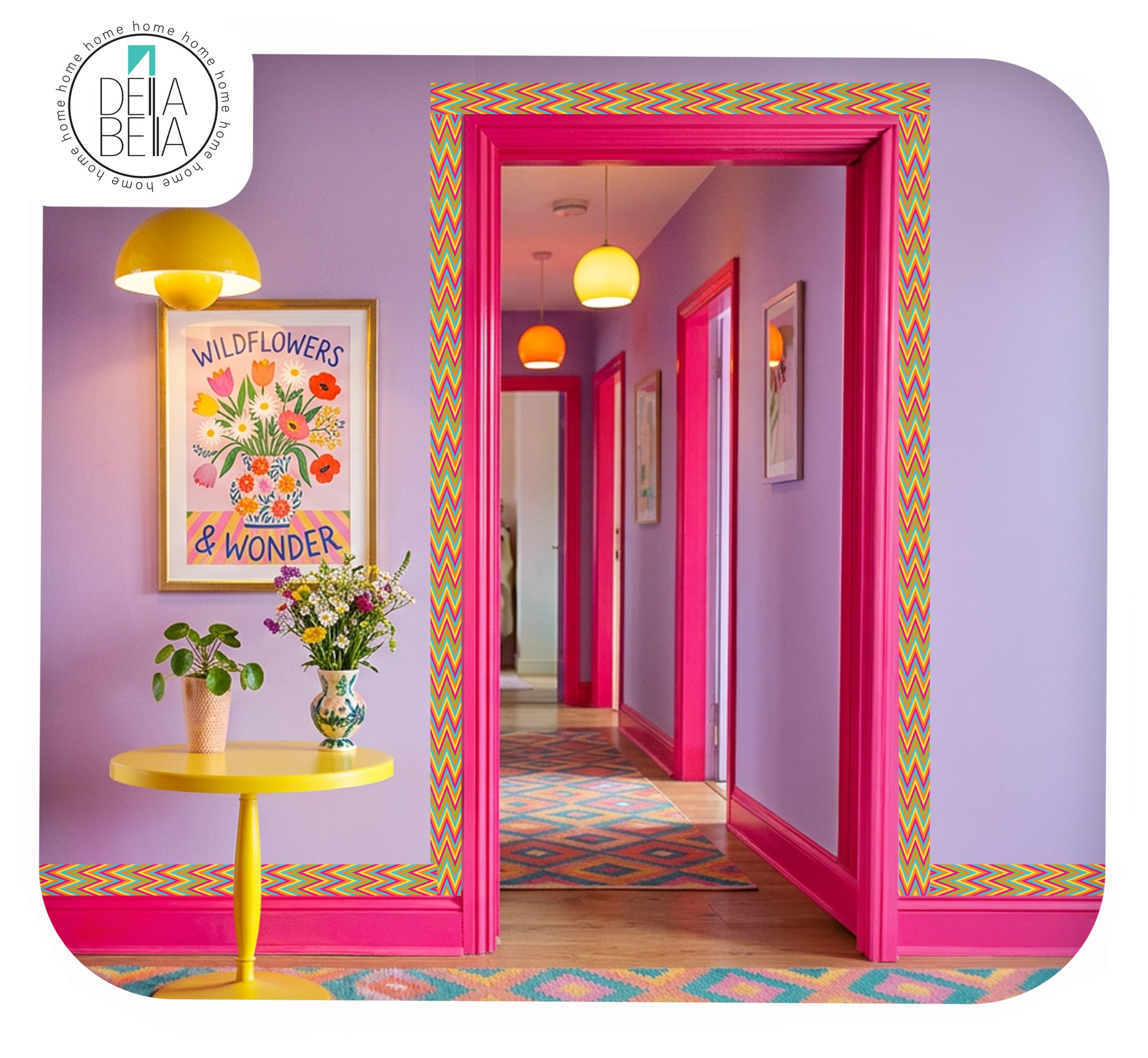 Colorful hallway with purple walls, pink wall border, and a yellow table.