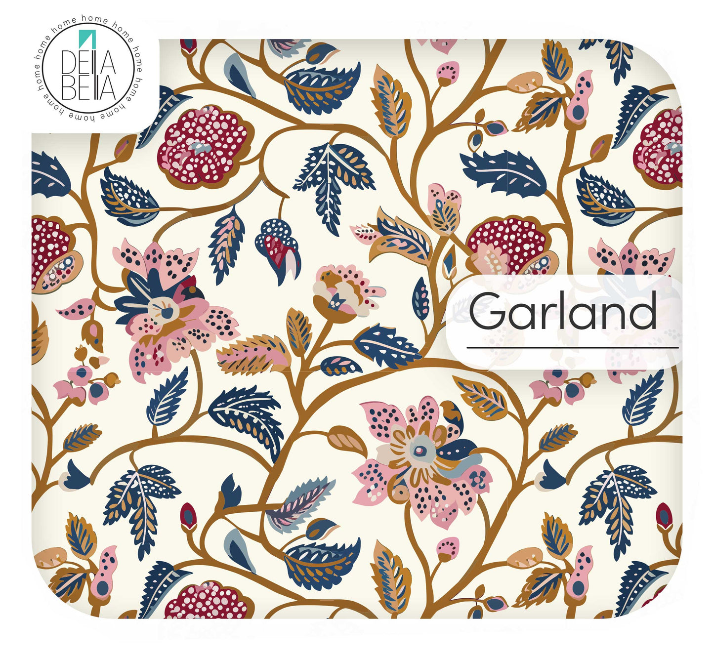 Traditional Garland floral vinyl film featuring red and blue pomegranate vines on a cream matte background.