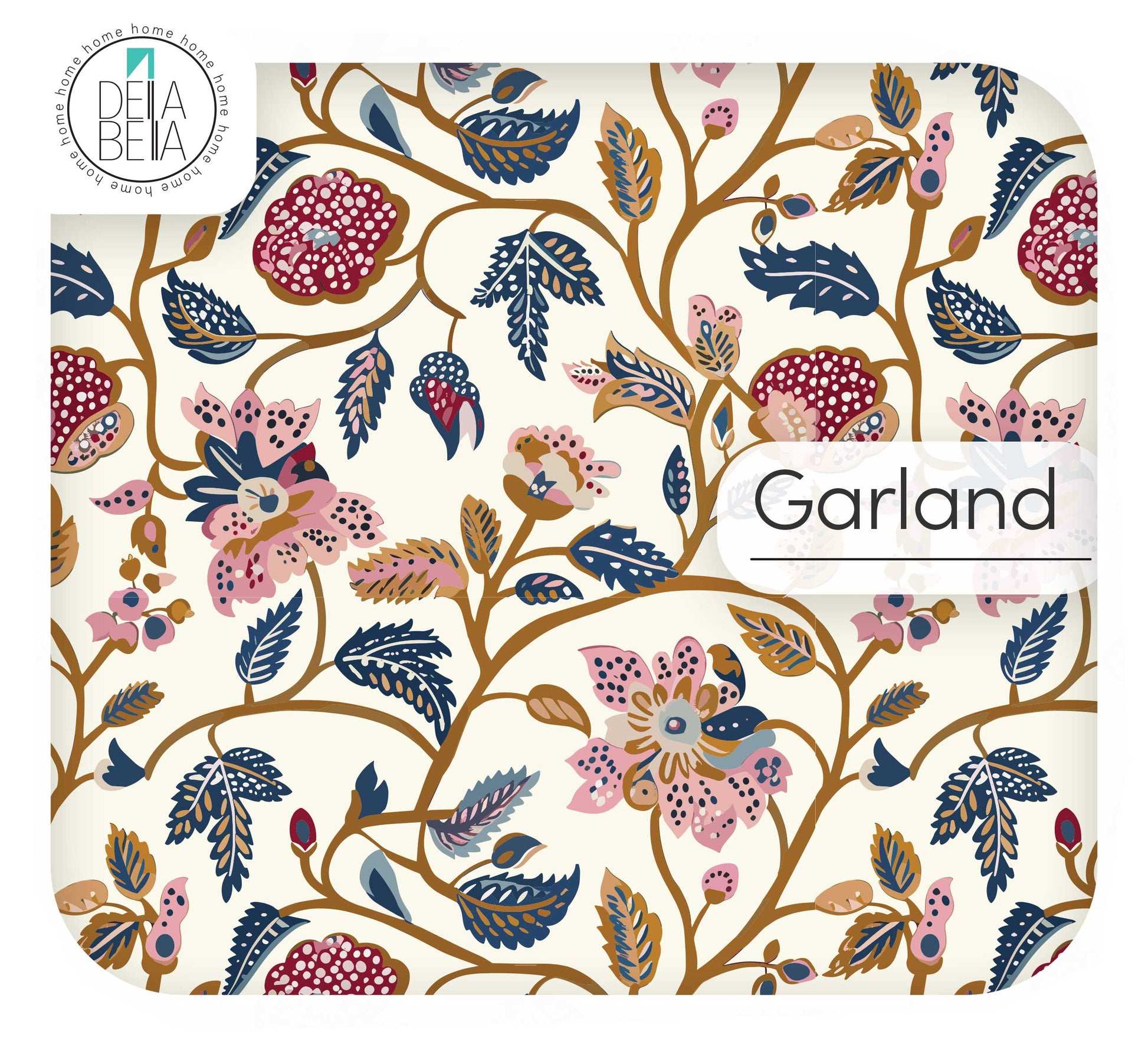Traditional Garland floral vinyl film featuring red and blue pomegranate vines on a cream matte background.