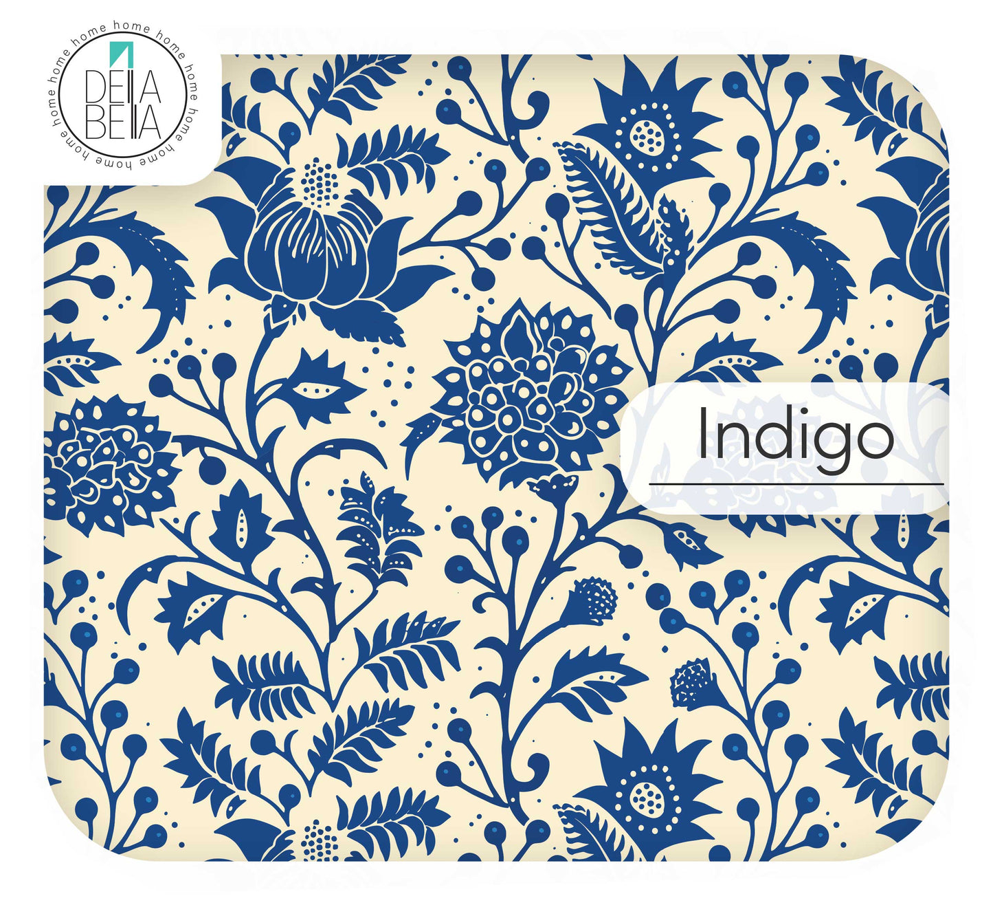 Indigo blue and cream heritage floral vinyl wrap in Kalamkari block-print style for furniture upcycling.