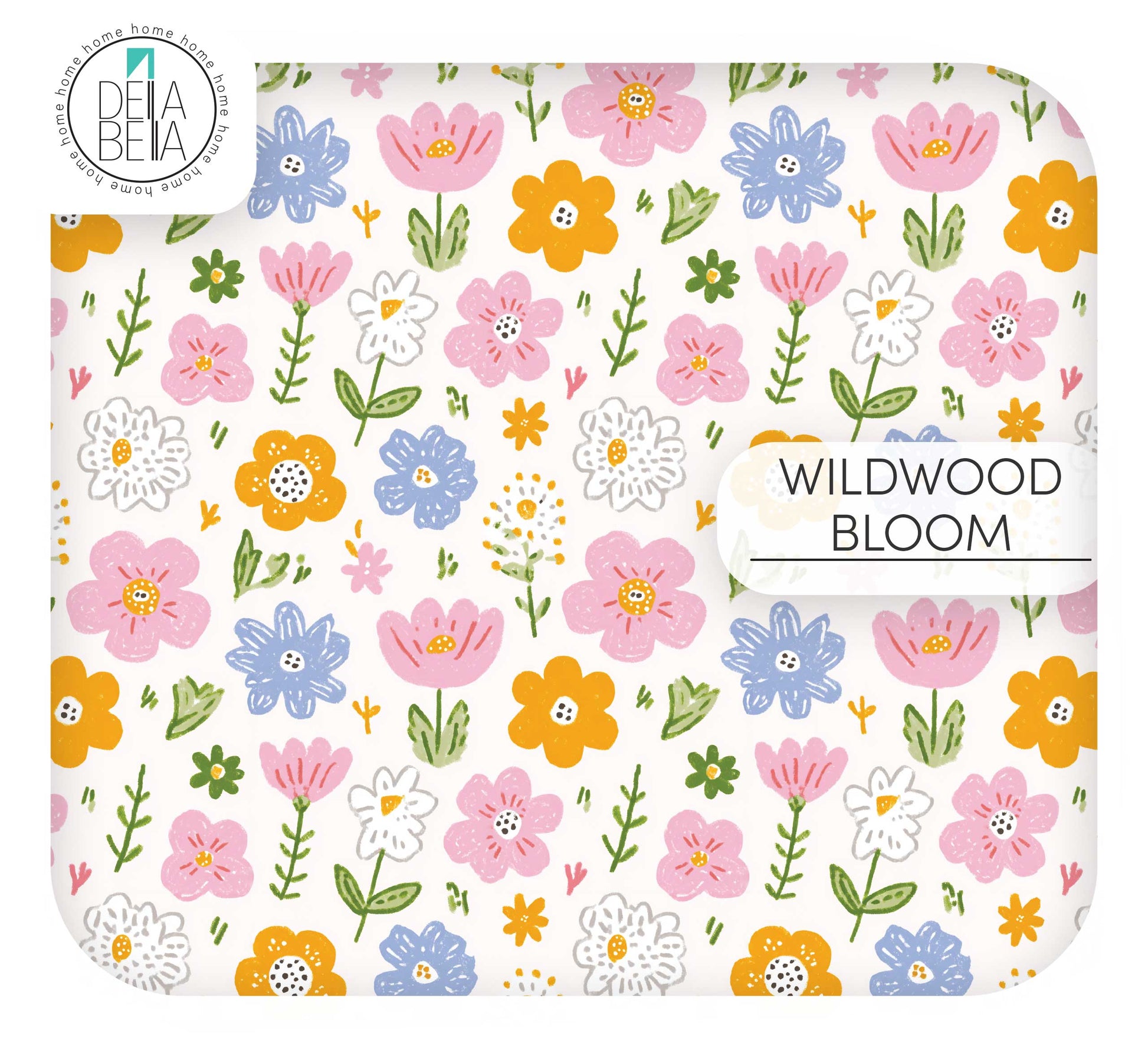A cheerful meadow-style furniture vinyl wrap on a crisp white background. Features medium-density hand-drawn blossoms in vibrant orange, periwinkle blue, and bright pink with whimsical green leaf sprigs and stems