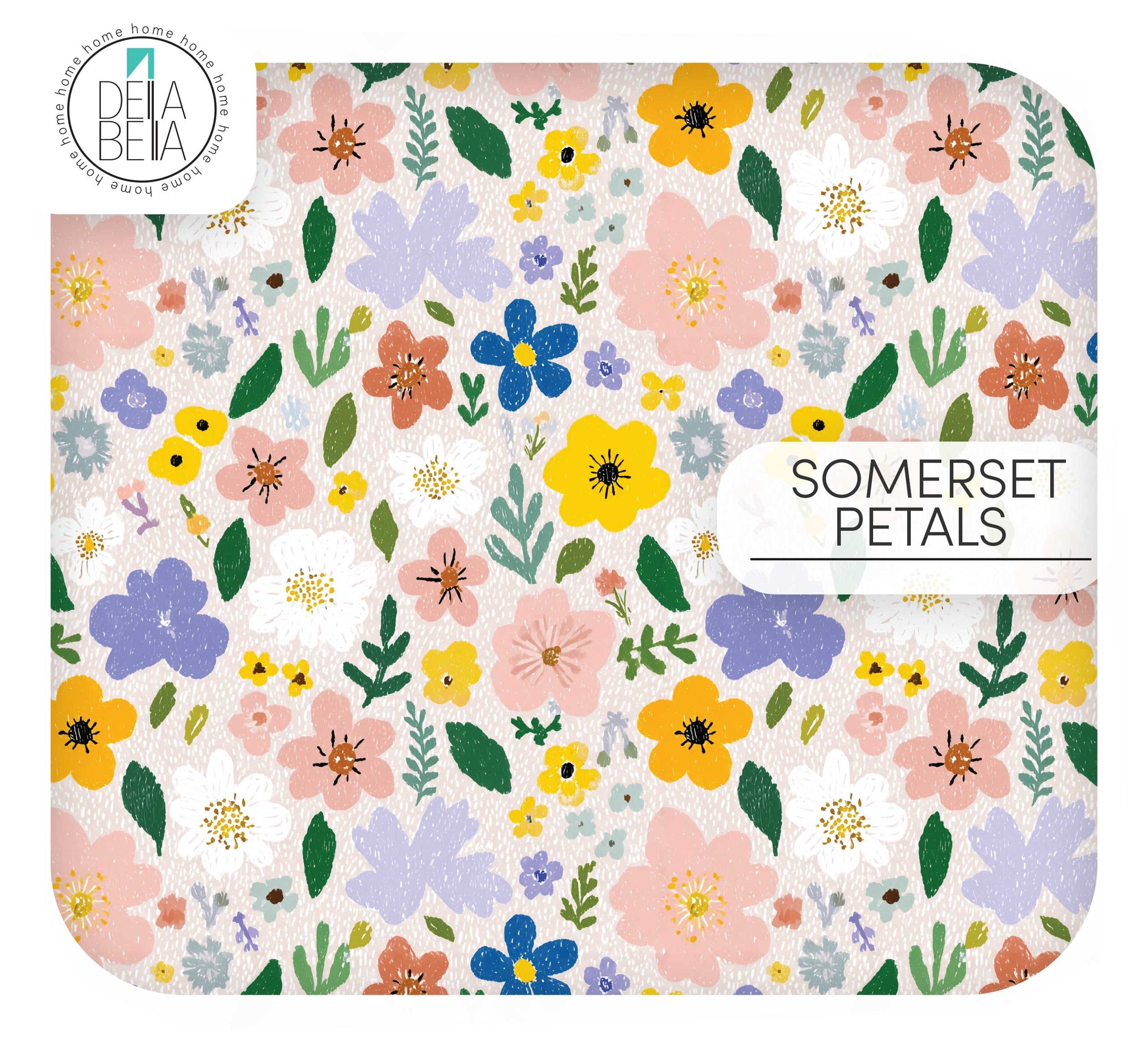 A maximalist, painterly floral vinyl wrap for furniture and kitchens. Features large, expressive blooms in lavender purple, rosy pink, and sunshine yellow with rich green foliage on a textured off-white background.