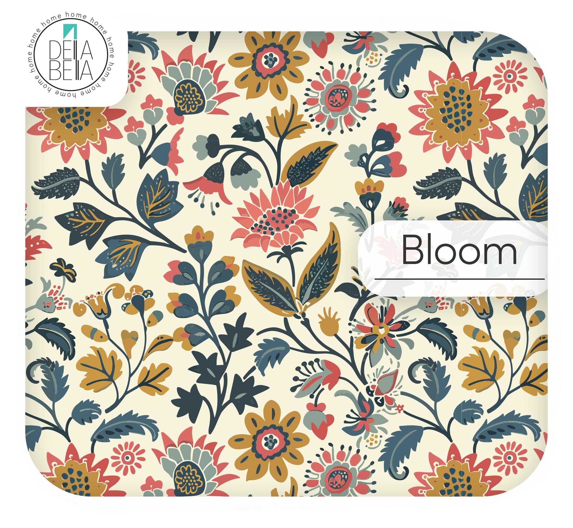 Maximalist Kalamkari Bloom vinyl wrap with earthy ochre and teal floral vines for kitchen and furniture makeover.