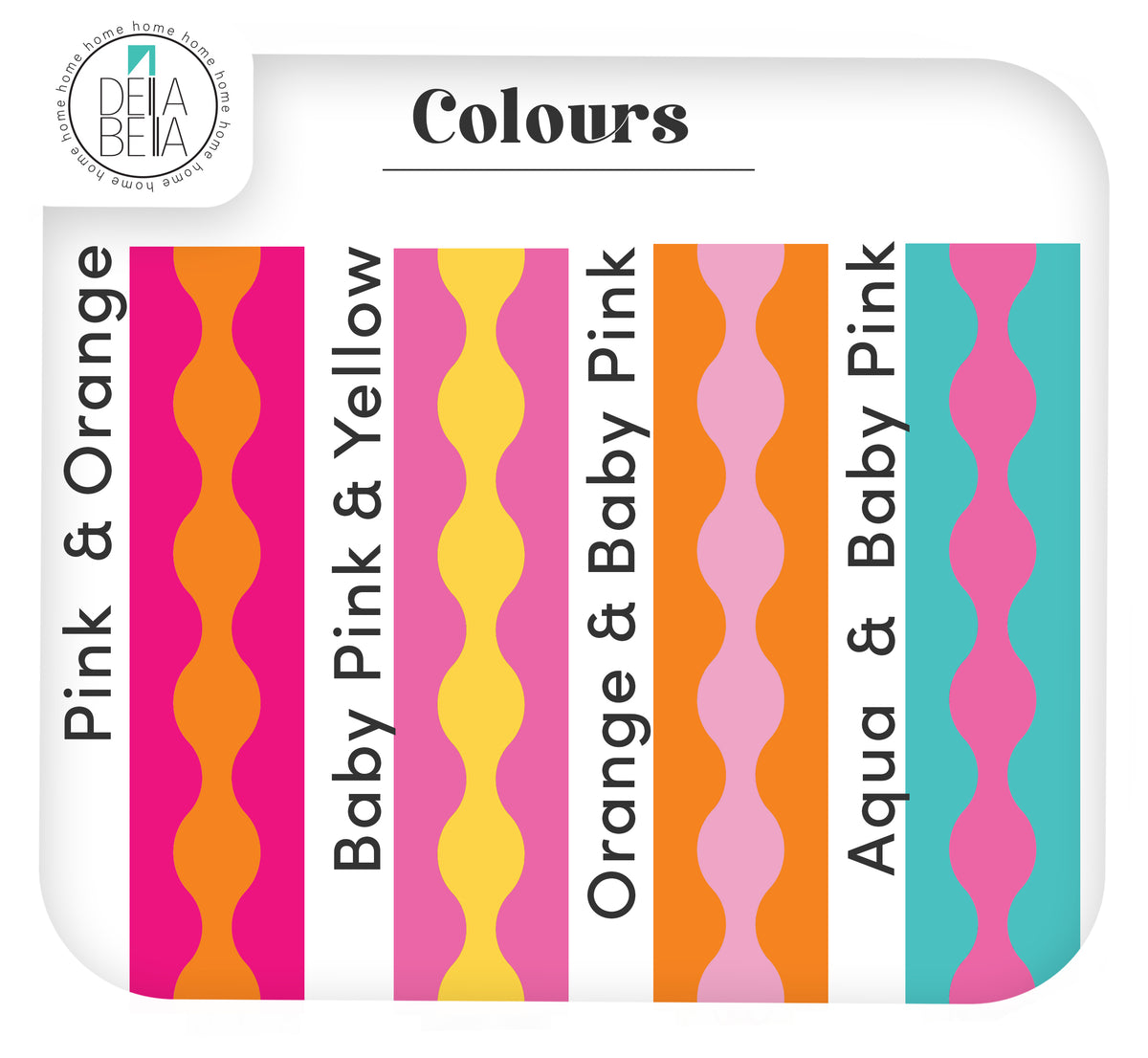 door edeges decoratives vinyl strips: showing six vertical wavy-striped door edeges decoratives vinyl strips: Pink & Orange, Baby Pink & Yellow, Orange & Baby Pink, Aqua & Baby Pink, plus a BEA BEA branded header. This is auxiliary color information rather than the product itself.