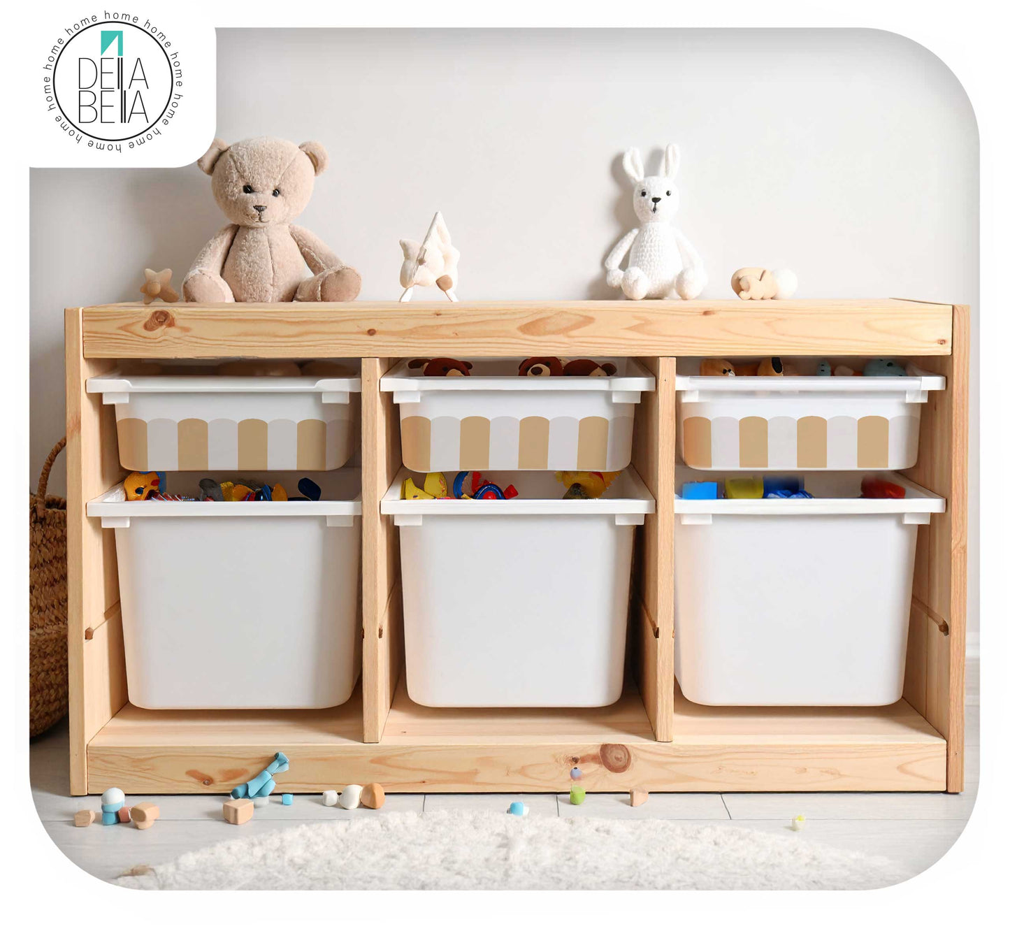 Scallop Edge Storage Box Stickers (Fits IKEA® Trofast) | Nursery Decals - Set of 6 Vinyl Decals for Nursery Storage Bins - Blush, Teal & Camel - IKEA Hack UK