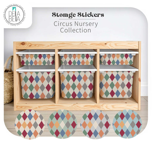  IKEA Trofast unit makeover using Della Bella Circus Collection vinyl wraps for nursery organization.