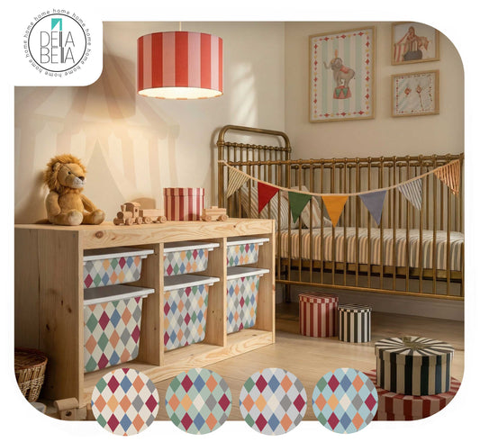Nursery room with trofast  storage  stickers boxes, crib, and colorful decor elements.