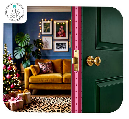 Dark green interior door with a hidden Burgundy and Baby Pink retro star door edge sticker, opening into a moody living room decorated for Christmas.
