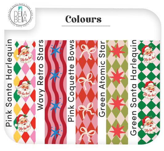 Five vintage Kitschmas peel and stick door edge sticker patterns: Pink Santa Harlequin, Wavy Retro Stars, Pink Coquette Bows, Green Atomic Star, and Green Santa Harlequin.
