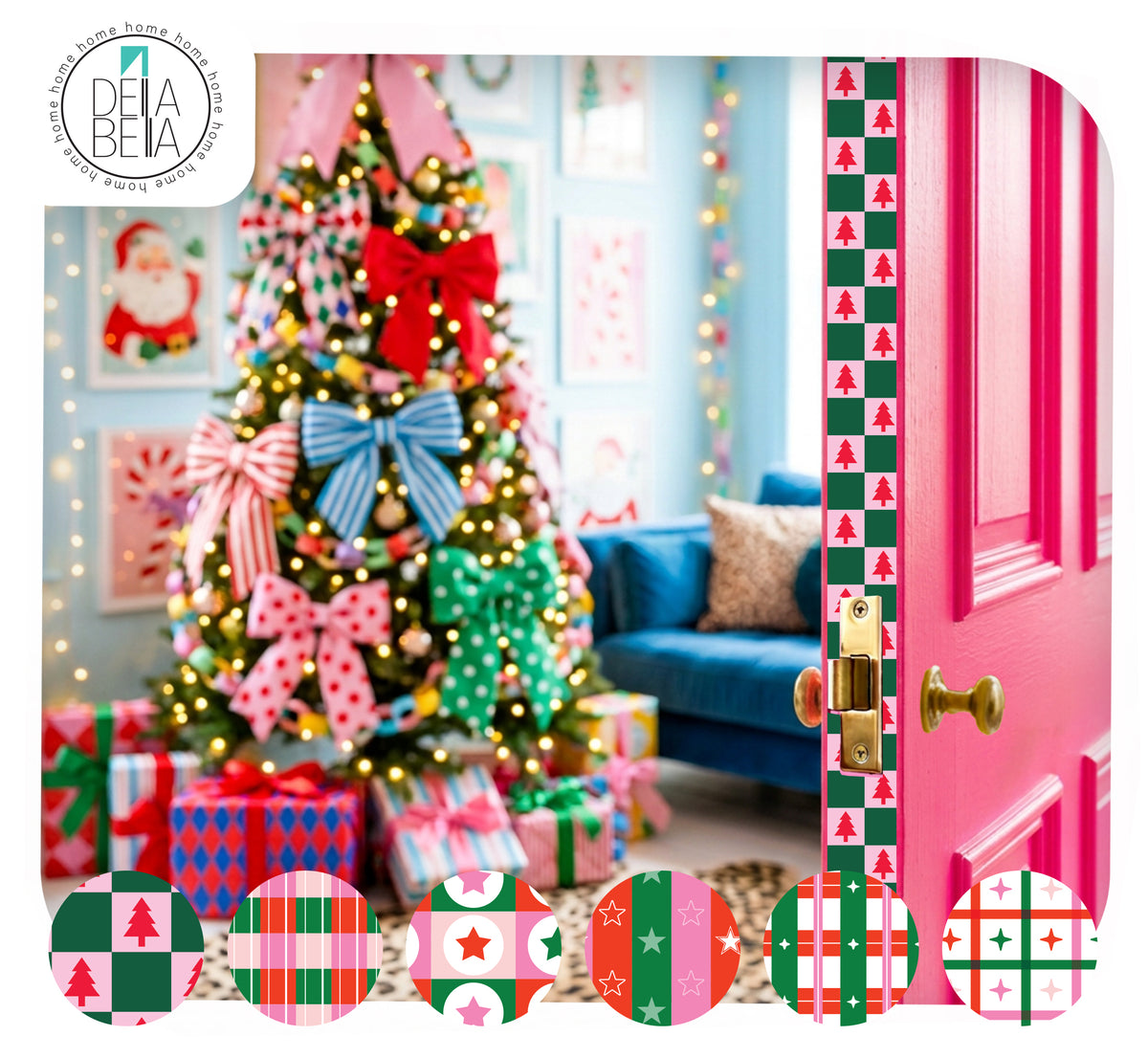 Maximalist Kitschmas living room with a bright pink door featuring a festive retro Christmas tree checkerboard door edge vinyl sticker. Large colorful bows on the Christmas tree.

