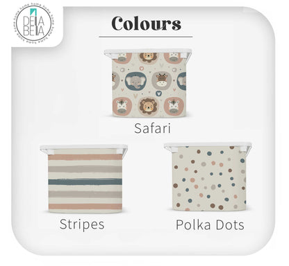 Packaging of fabric swatches labeled 'Colours' with 'Safari', 'Stripes', and 'Polka Dots' designs.