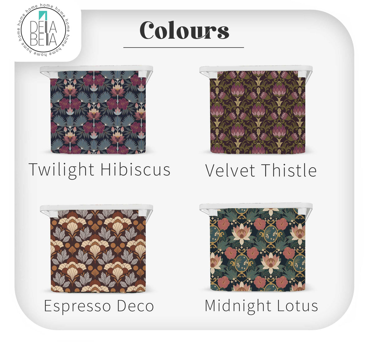 Four white IKEA Trofast storage bins transformed with Della Bella Winter Opulence vinyl stickers. The elegant adult-focused designs are Twilight Hibiscus, Velvet Thistle, Espresso Deco, and Midnight Lotus.