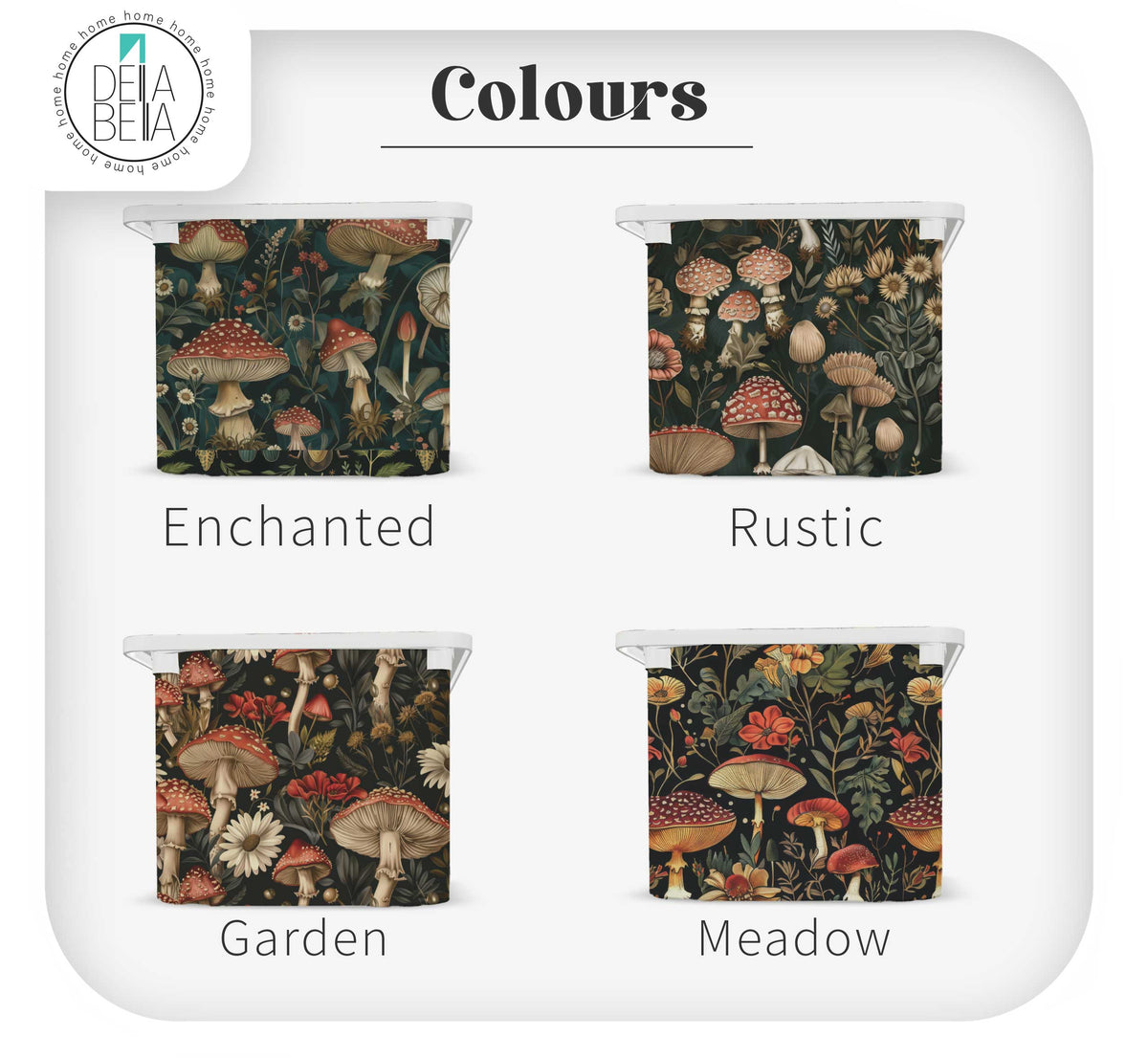  Four white IKEA Trofast storage bins decorated with Della Bella Mystical Mushroom vinyl stickers. The four botanical designs shown are Enchanted, Rustic, Garden, and Meadow on a dark background.